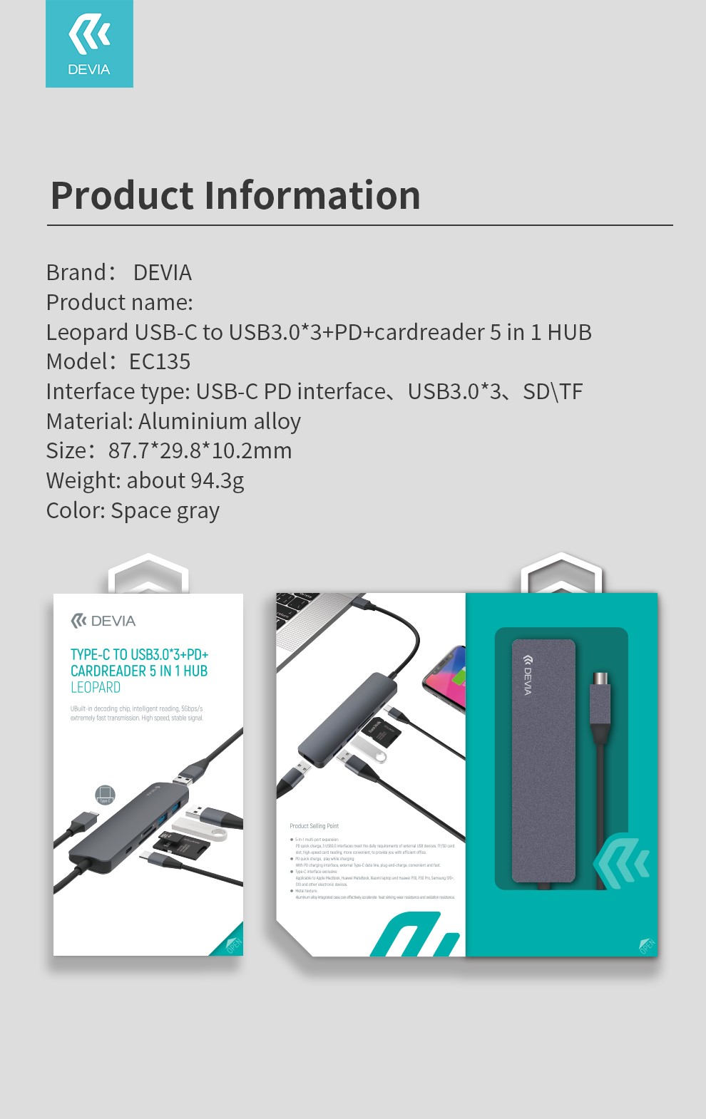 DEVIA hub 4 en 1 USB3.0x2/PD/HDMI
