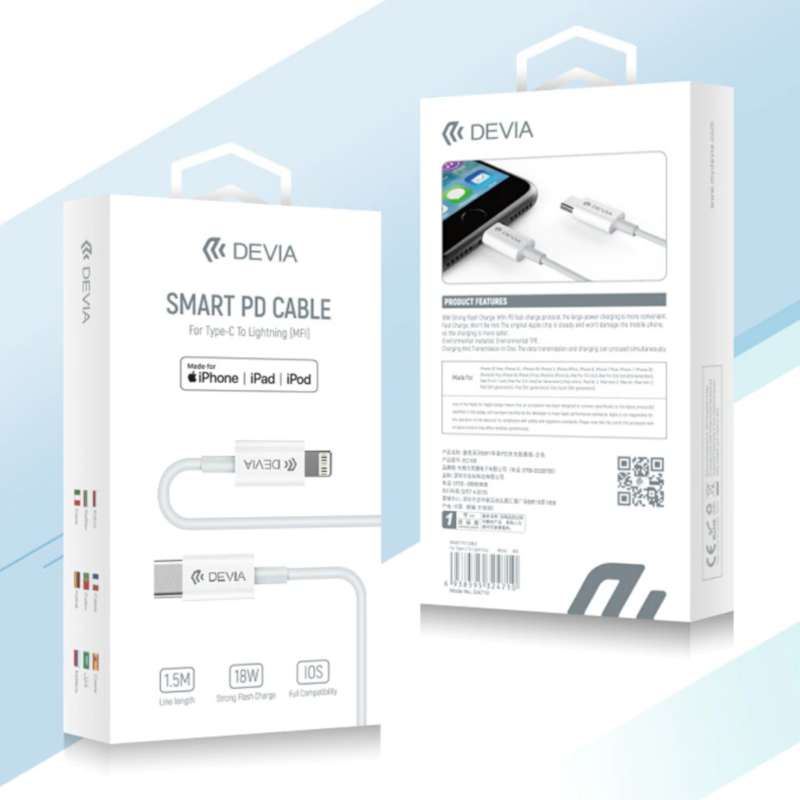 DEVIA Cable SMART PD TIPO C a Lightning (iOS) Certificado MFI 1,5 Metros