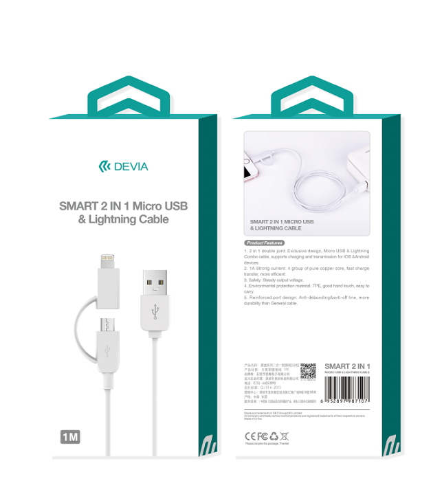 DEVIA Cable 2 en 1 Micro USB y Lightning (iOS) 1 Metro